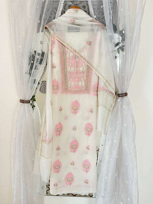 Maaha pure mul chanderi 3 piece suit set (Unstitched)