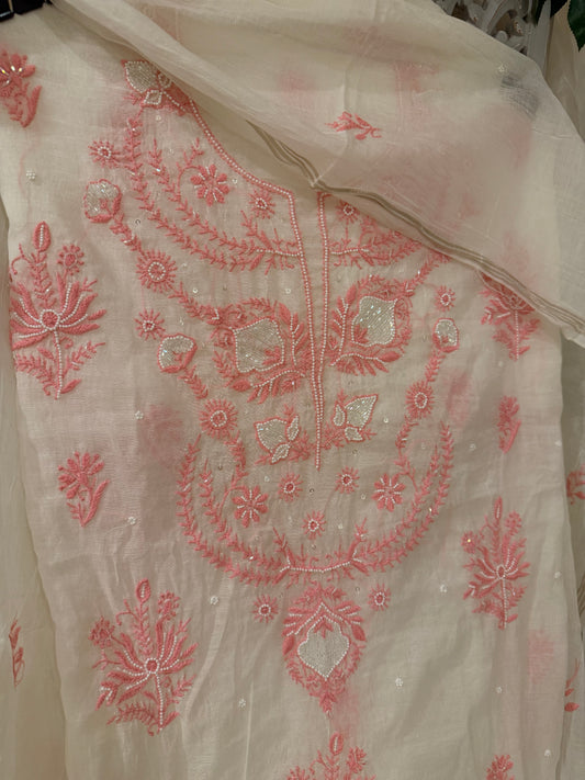 Maaha pure mul chanderi 3 piece suit set (Unstitched)