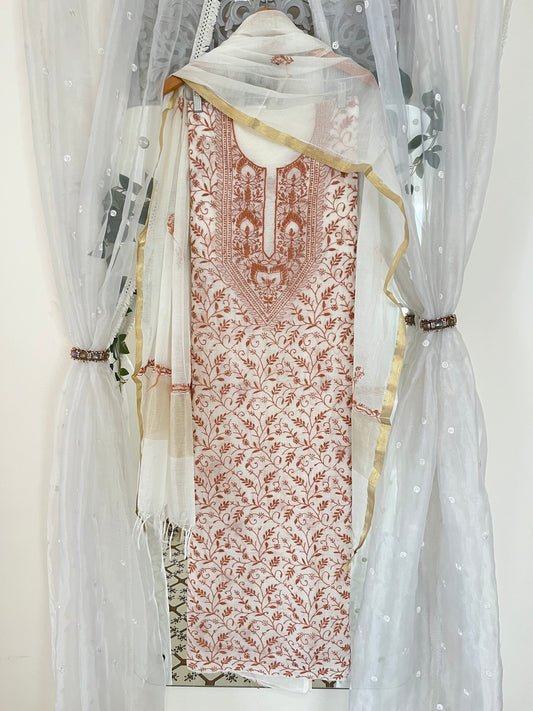 Azba mul chanderi full jaal 3 piece suit set (Unstitched)