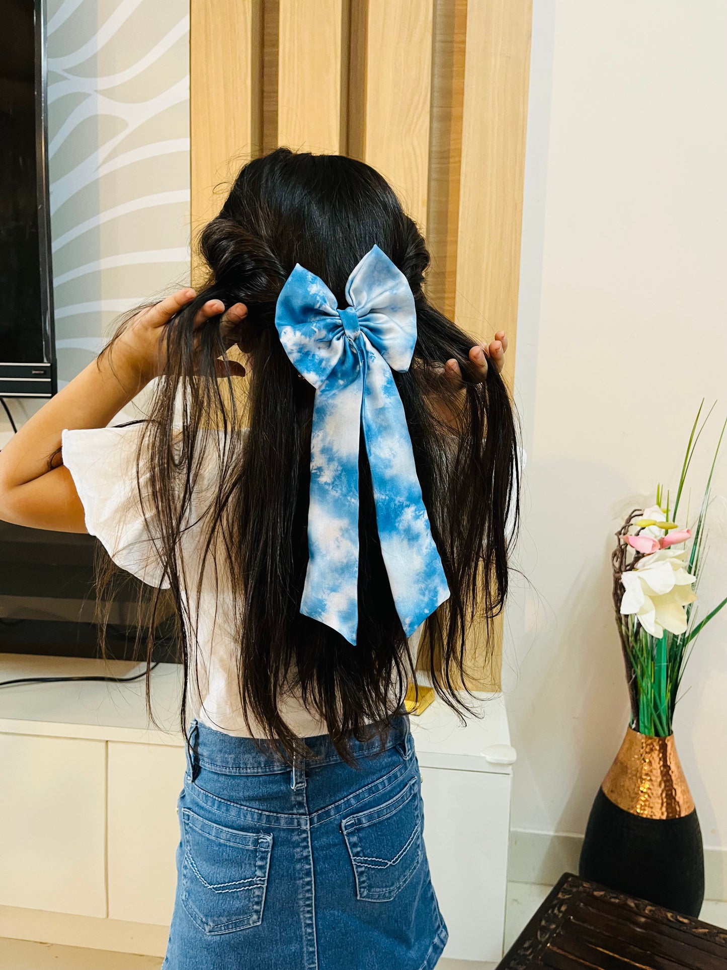Blue satin tail barrette