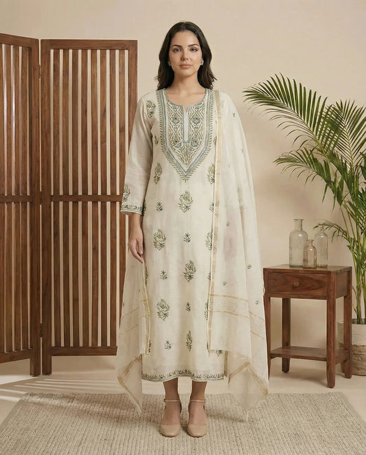 Maaha pure mul chanderi 3 piece suit set (Unstitched)