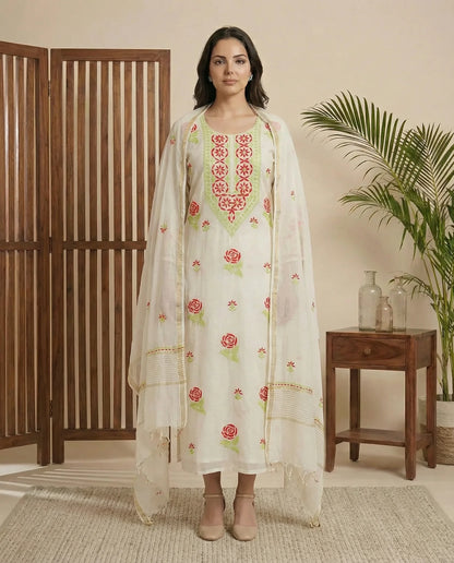 Maaha pure mul chanderi 3 piece suit set (Unstitched)