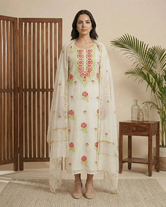 Maaha pure mul chanderi 3 piece suit set (Unstitched)