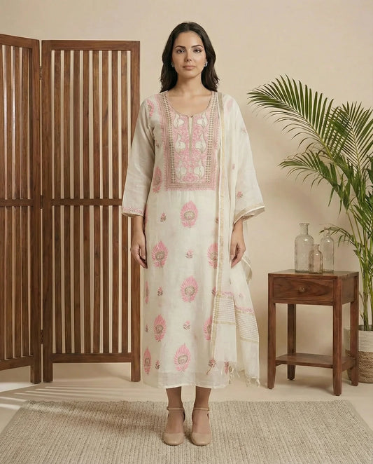 Maaha pure mul chanderi 3 piece suit set (Unstitched)