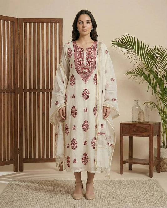 Maaha pure mul chanderi 3piece suit set (Unstitched)