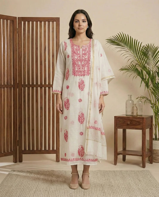 Maaha pure mul chanderi 3 piece suit set (Unstitched)